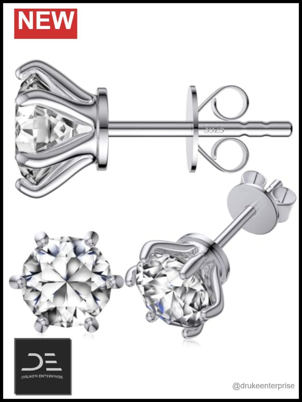 Moissanite Stud Earrings 18K White Gold Plated S925 Sterling Silver